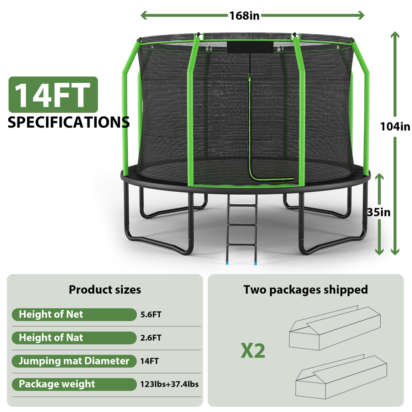 8FT 12FT 14FT Trampoline with Enclosure Net, No Gap Design, Backyard Trampoline with Ladder, Outdoor Heavy-Duty Recreational Round Trampolines,14FT-720LBS