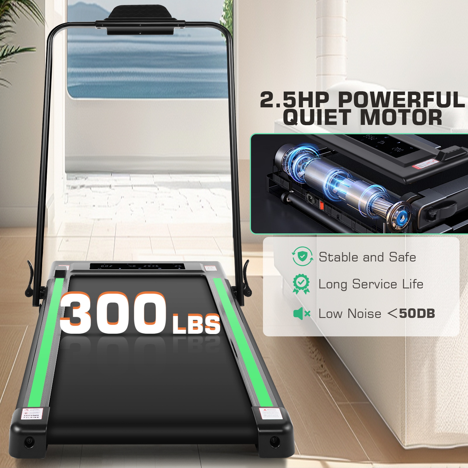 2 in 1 Under Desk Treadmill with Incline-Max 300lb Capacity, Walking Pad/Compact Electric Treadmill for Home/Gym/Office with LED Touch Screen/Remote Watch/2s Folding Treadmill（Green）