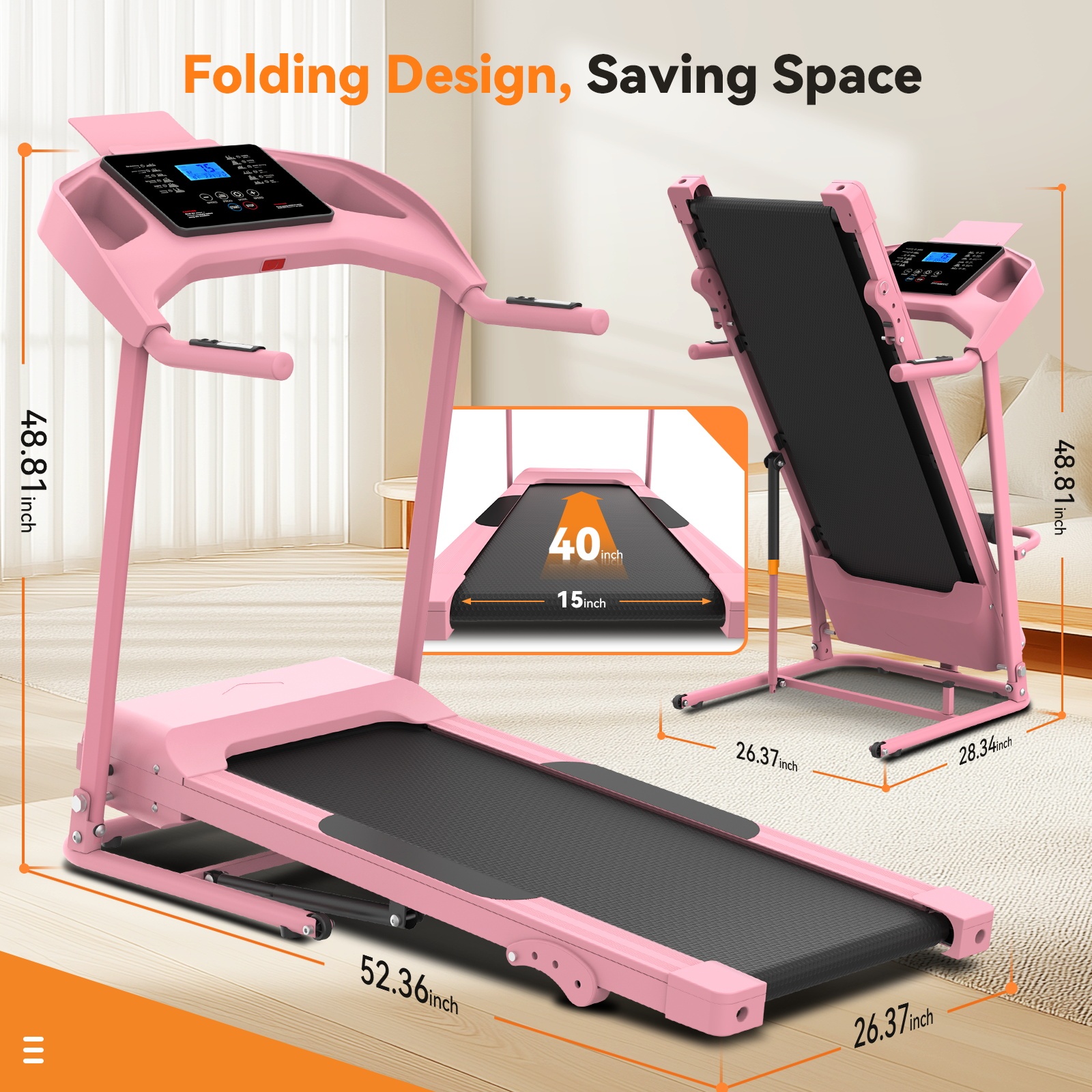 Treadmill with 8% Incline, 3.0 HP Foldable Compact Treadmill with Sit-up Function, 300 lbs Walking Running Treadmill with LCD Display for Exercise, 12 Programs