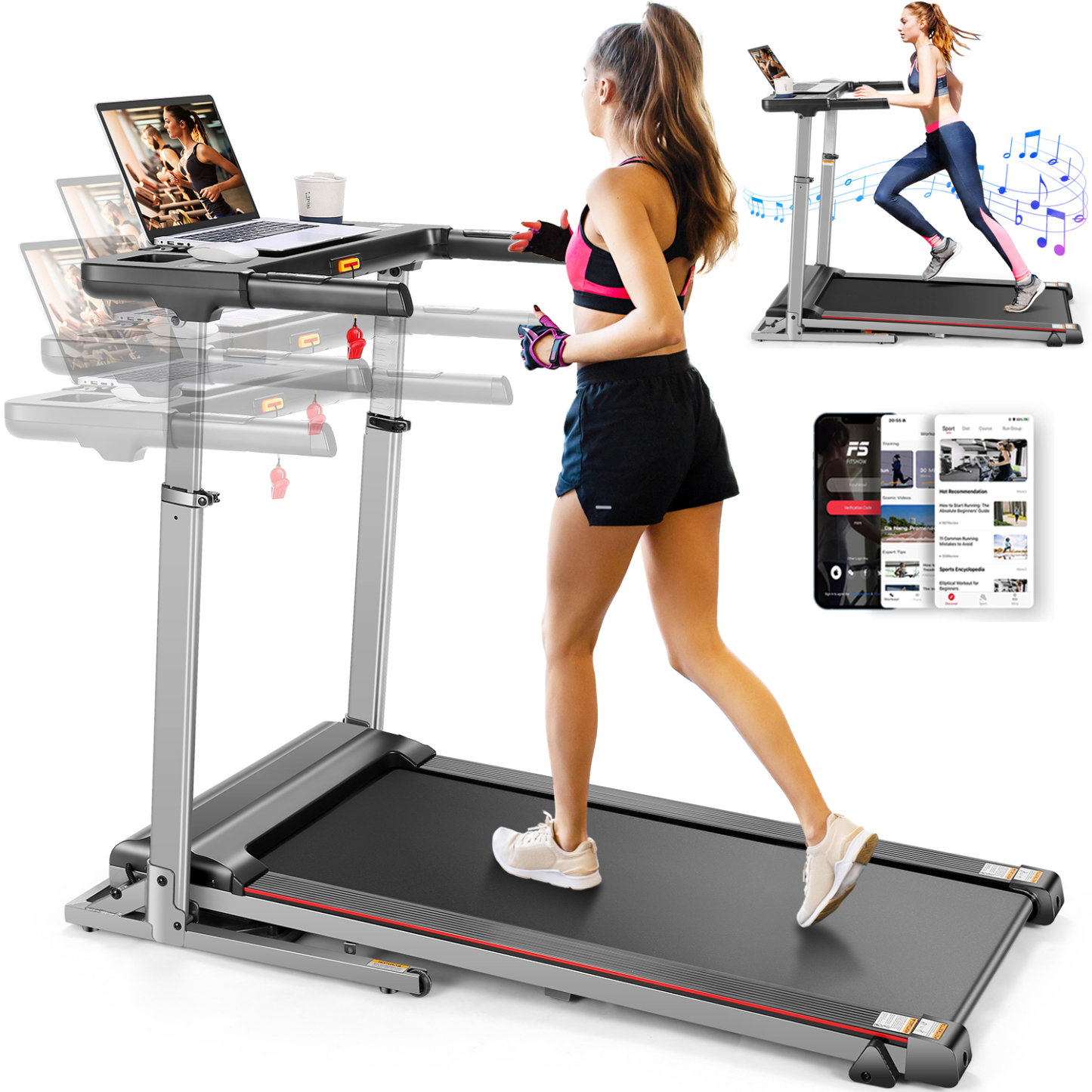 Simpfree Treadmill with Desk, 300lbs Folding Treadmill, 2.5 HP Running Machine with Incline\App\Bluetooth Speakers\LED Monitor\64 Programs for Home | 0.6-7.5MPH/h（Gray）