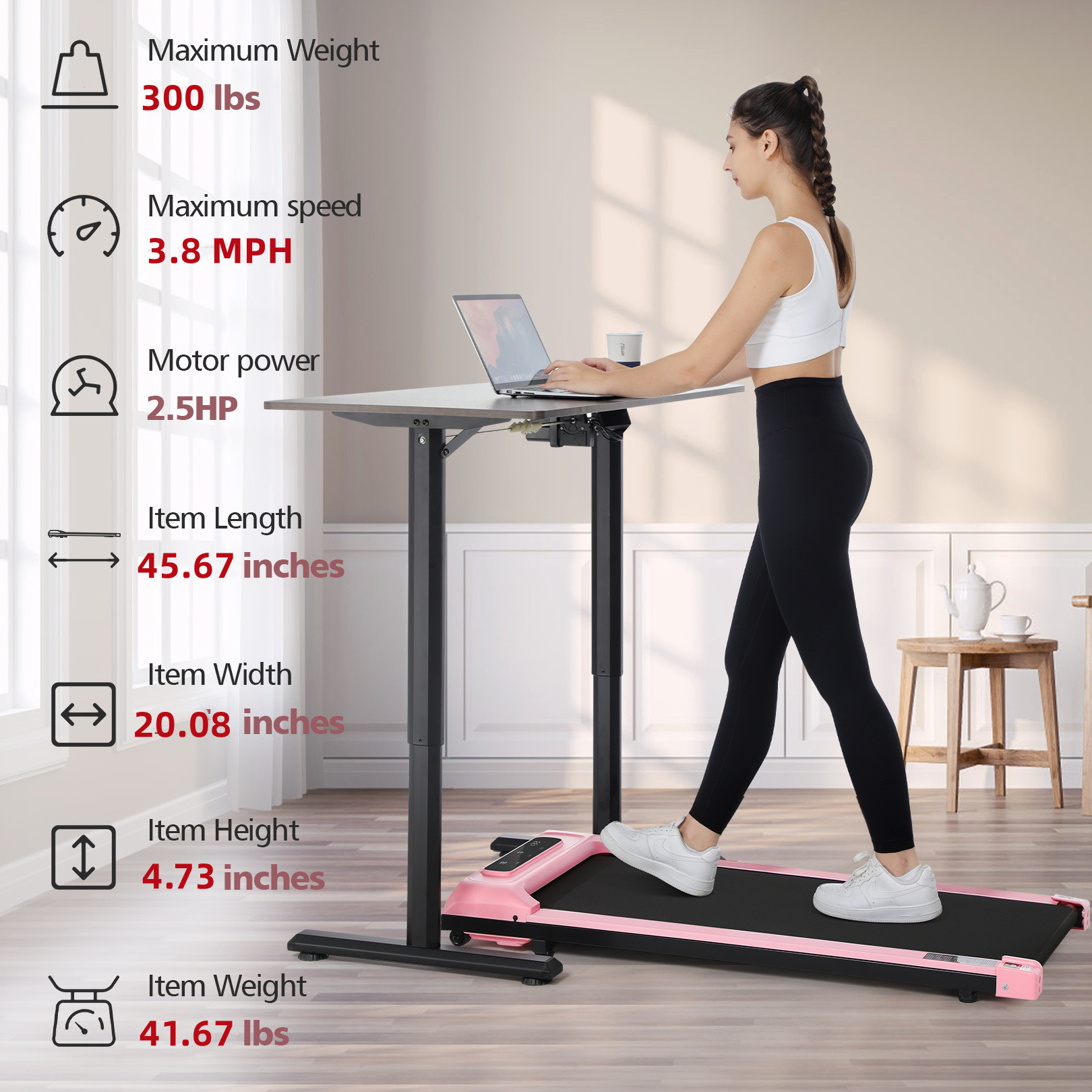 2.5HP Walking Pad Treadmill for Home,Smart App,Remote Control, LCD Display, Protable Space-Saving Treadmill for Jogging Walking Running with 300 lbs Weight Capacity