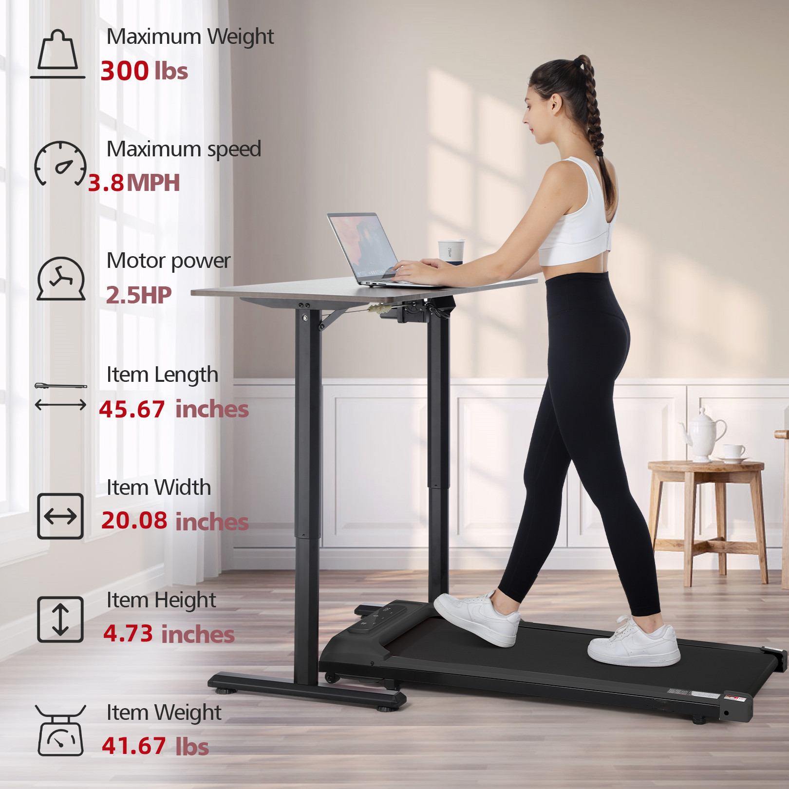 2.5HP Walking Pad Treadmill for Home,Smart App,Remote Control, LCD Display, Protable Space-Saving Treadmill for Jogging Walking Running with 300 lbs Weight Capacity