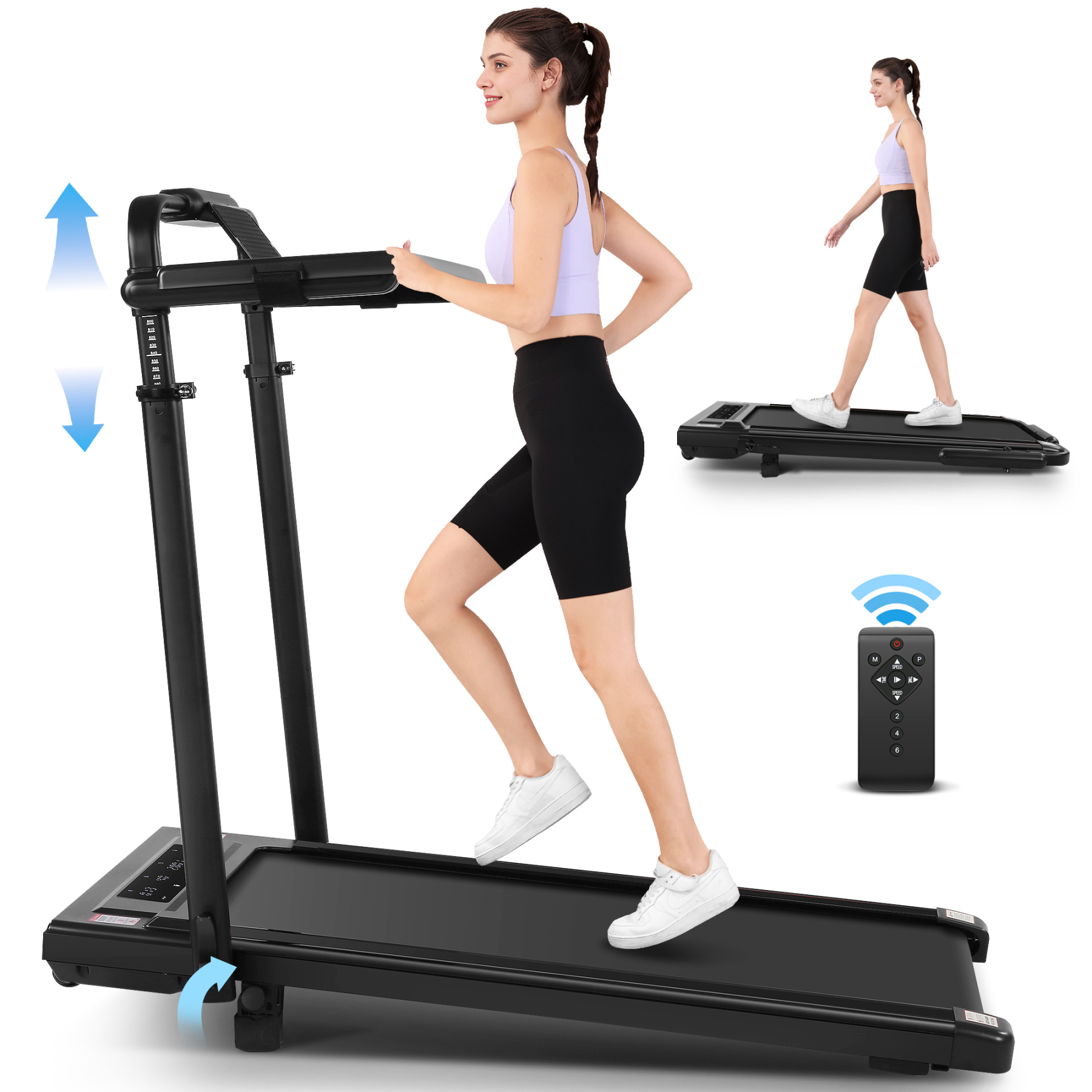 Simpfree 3 in 1 Under Desk Treadmill with Height-adjustable Desk,Max 300lbs Capacity,Walking Pad with LED Touch Screen,Remote Control,2s Folding Treadmill,No installation required,0.5-7.5mph/h（Black）