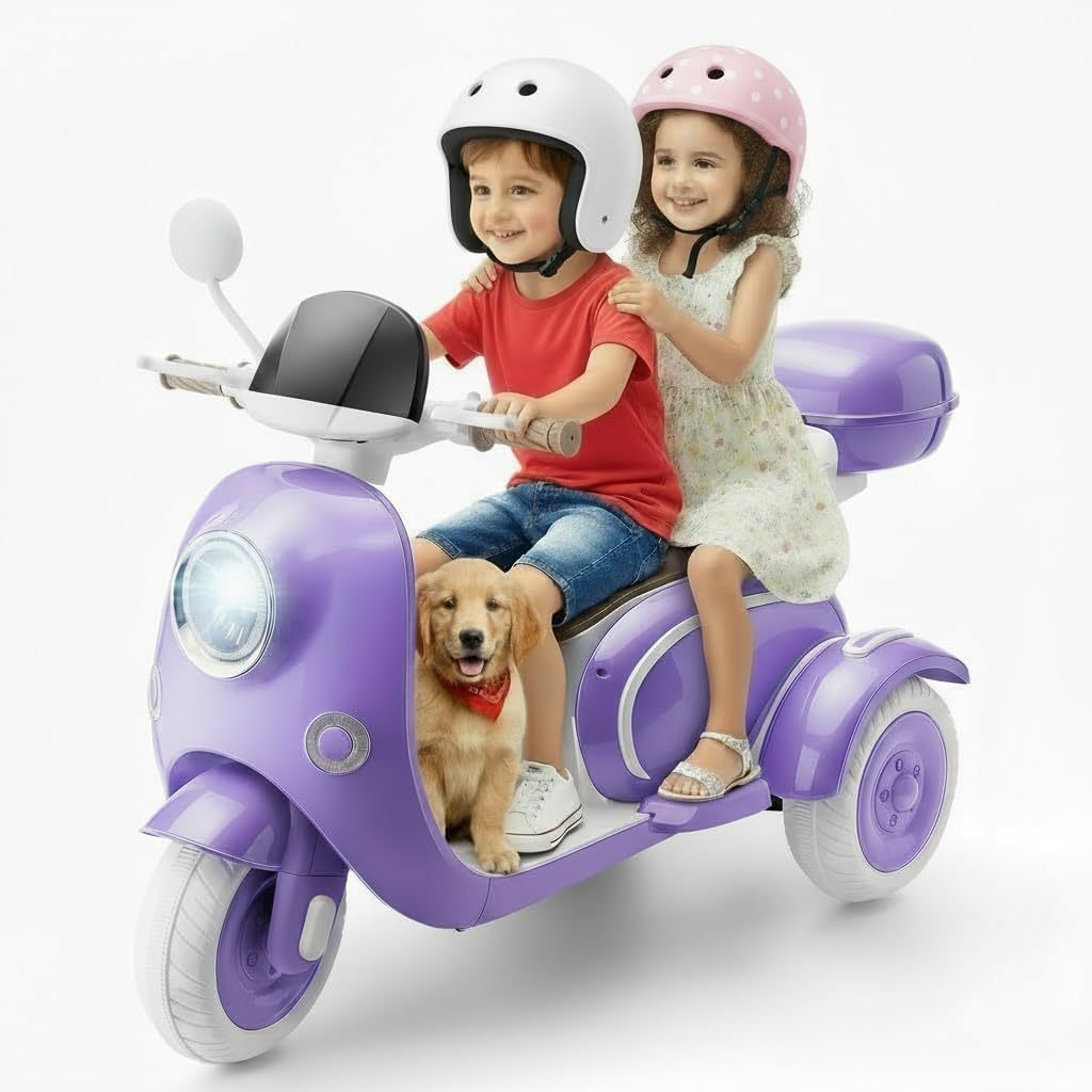 Hikole 12V Kids Electric Motorcycle, 2 Seater 3 Wheels Moped