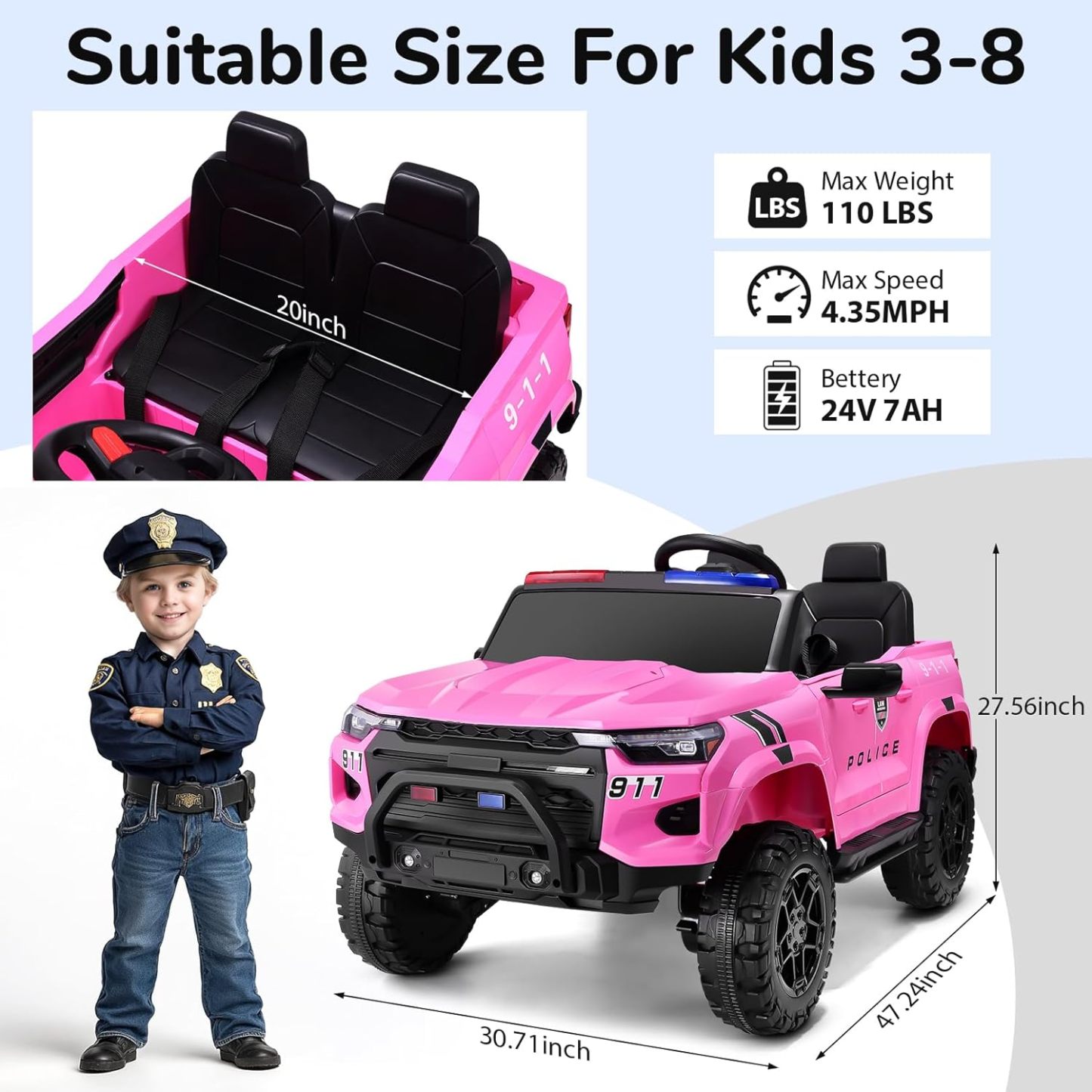 Hikole 24V 2 Seater Ride On Police Car