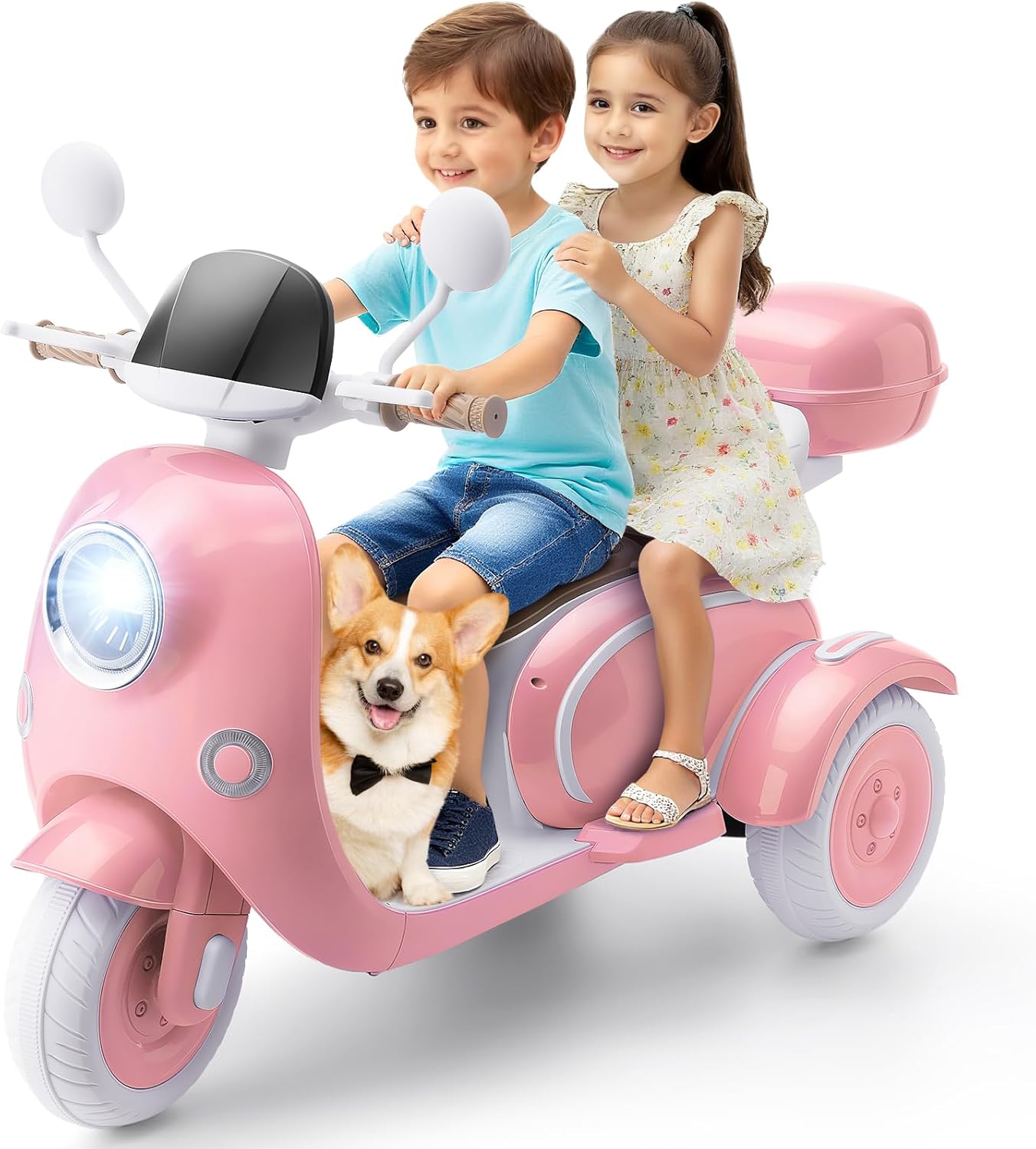 Hikole 12V Kids Electric Motorcycle, 2 Seater 3 Wheels Moped