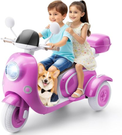 Hikole 12V Kids Electric Motorcycle, 2 Seater 3 Wheels Moped