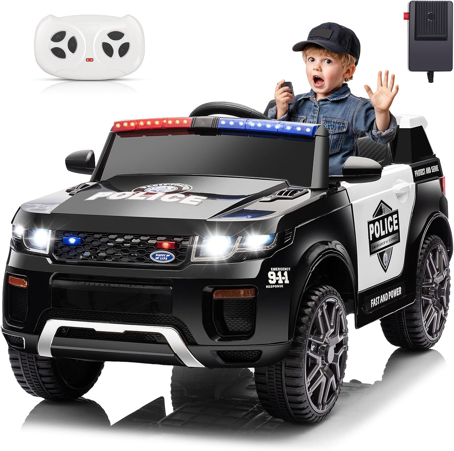 Hikole 12 Volt Electric Police Car with Remote Control, Battery Operated Kids Cop Cars