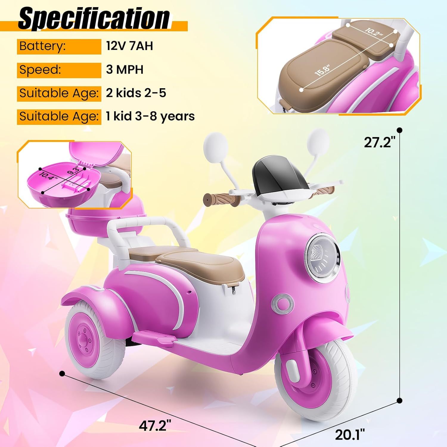 Hikole 12V Kids Electric Motorcycle, 2 Seater 3 Wheels Moped