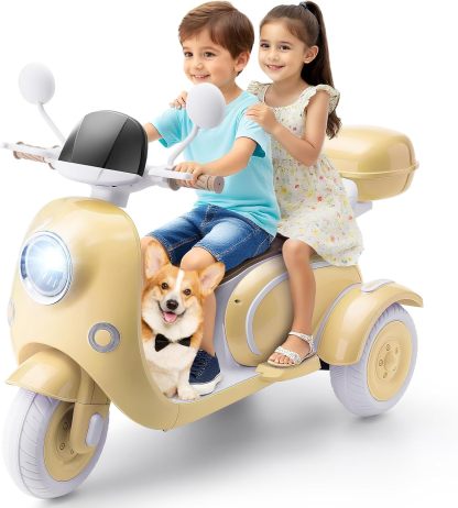 Hikole 12V Kids Electric Motorcycle, 2 Seater 3 Wheels Moped