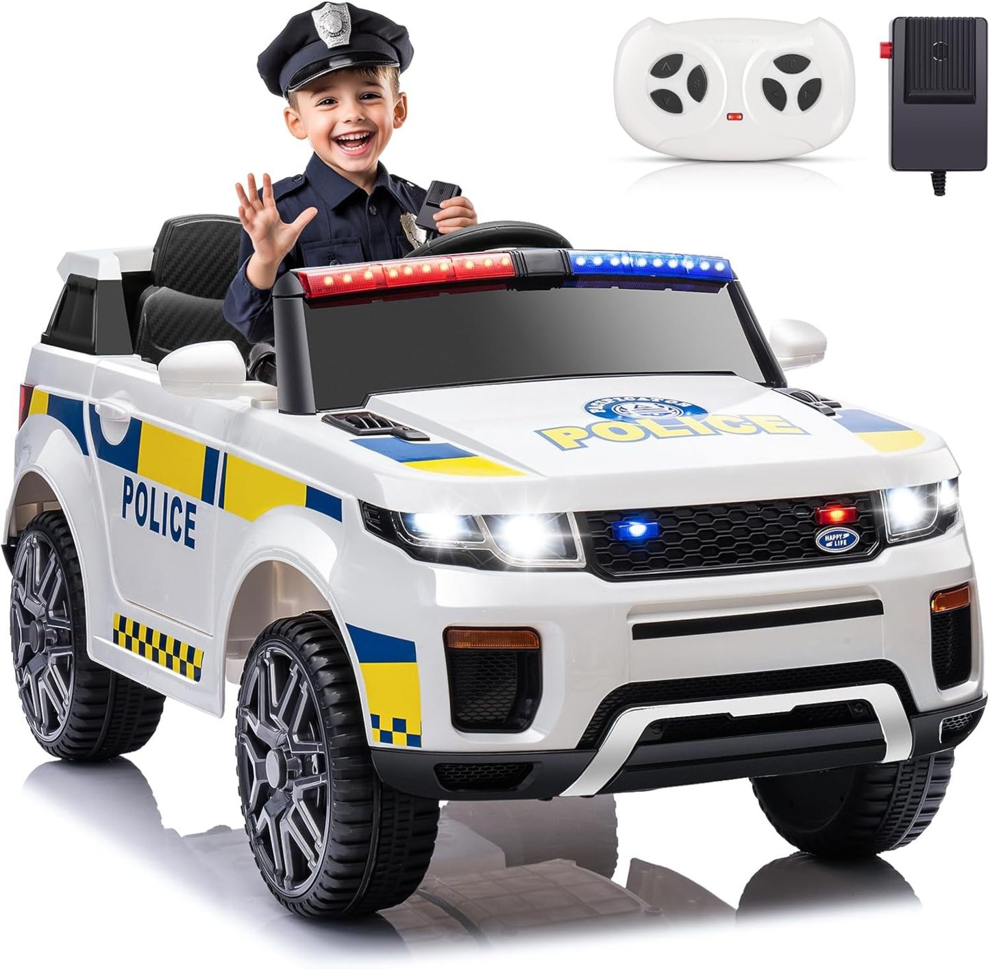 Hikole 12 Volt Electric Police Car with Remote Control, Battery Operat