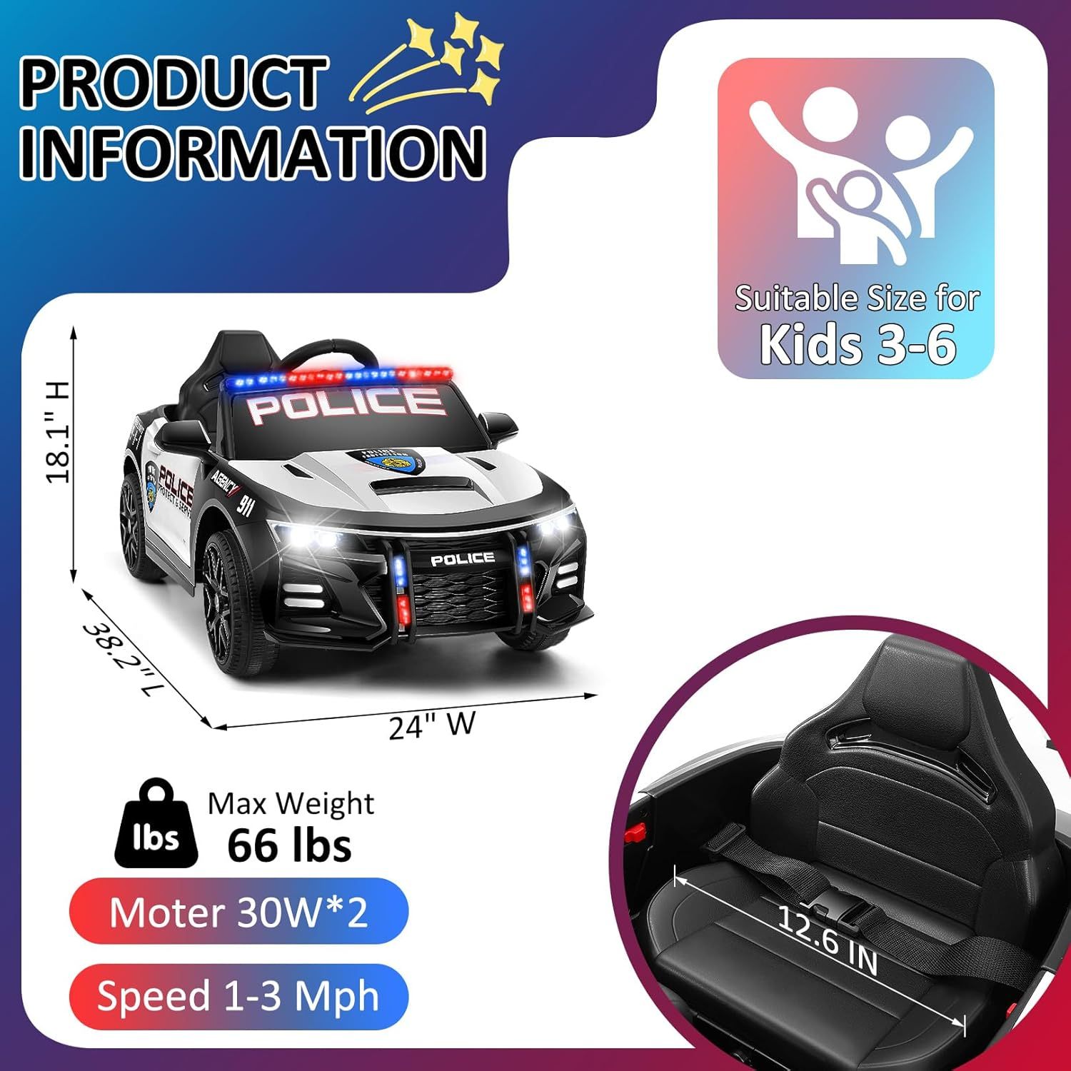 Hikole Electric Ride on Police Car for Kids with Remote Control