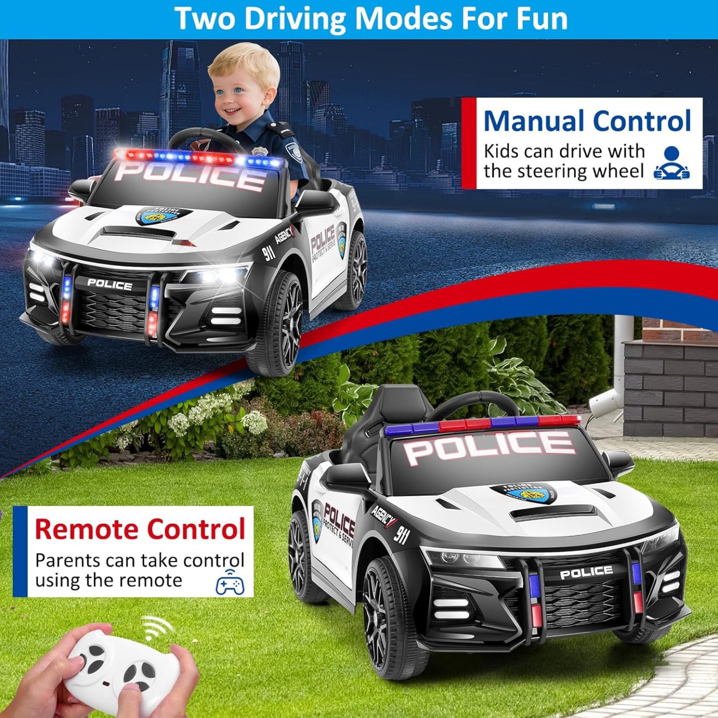 Hikole Electric Ride on Police Car for Kids with Remote Control