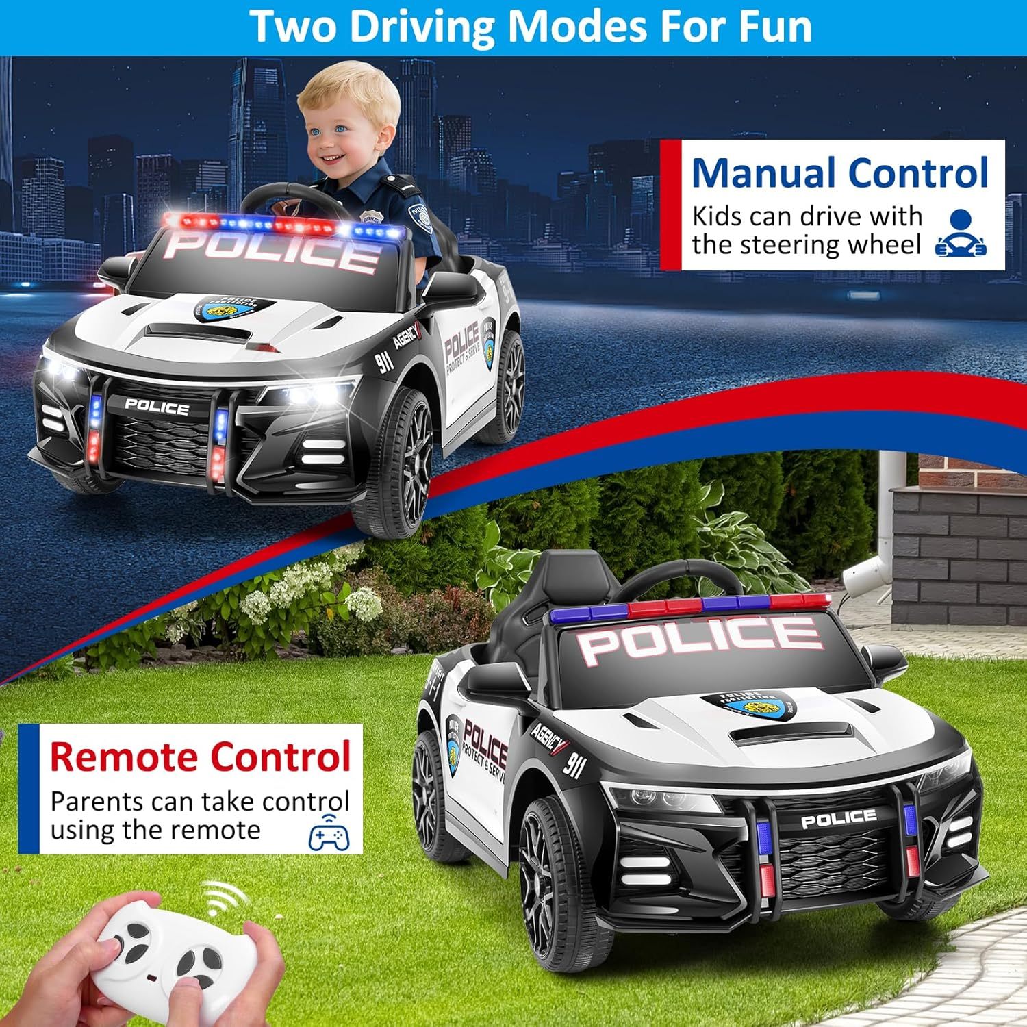 Hikole Electric Ride on Police Car for Kids with Remote Control