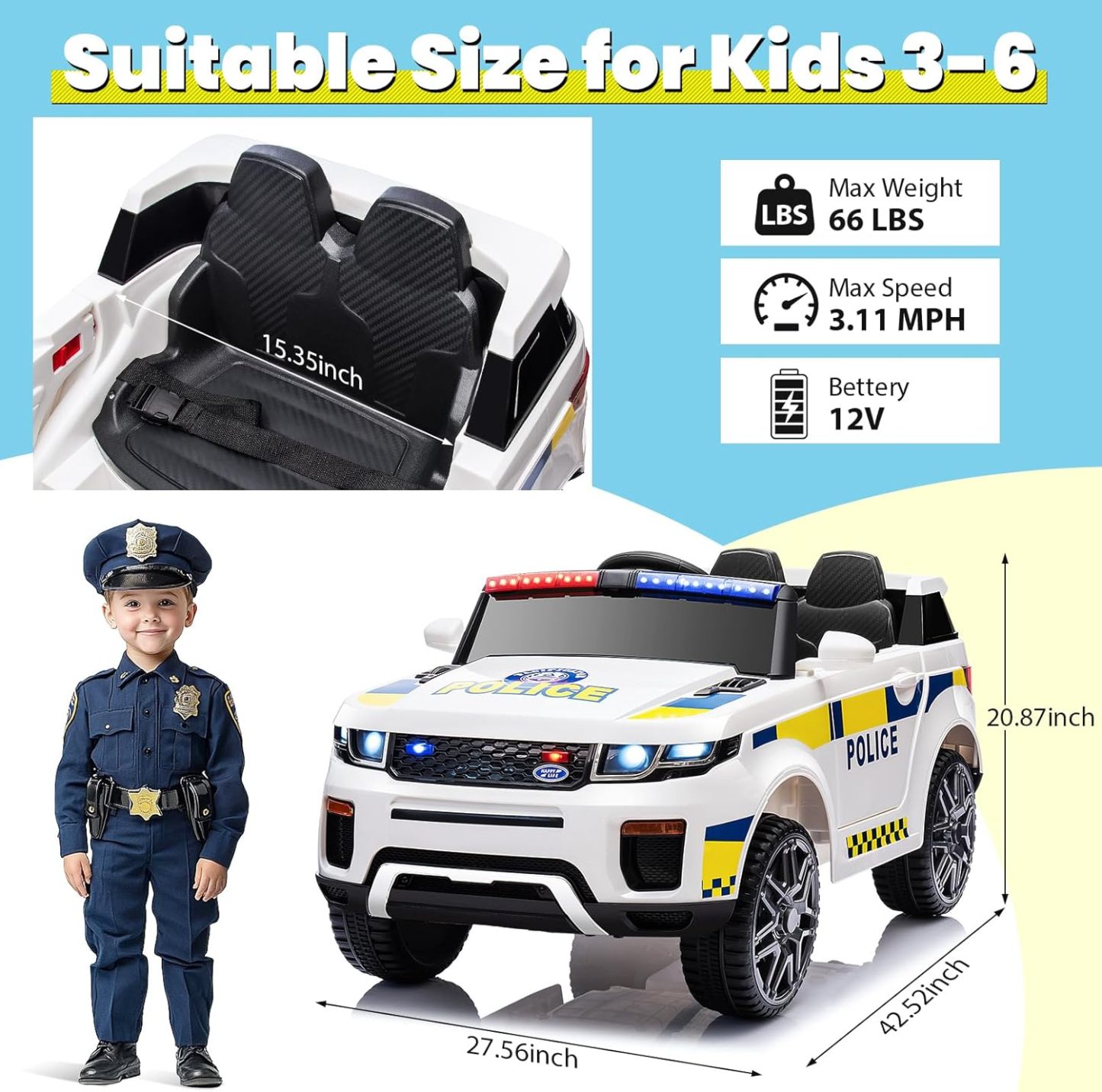 Hikole 12 Volt Electric Police Car with Remote Control, Battery Operated Kids Cop Cars