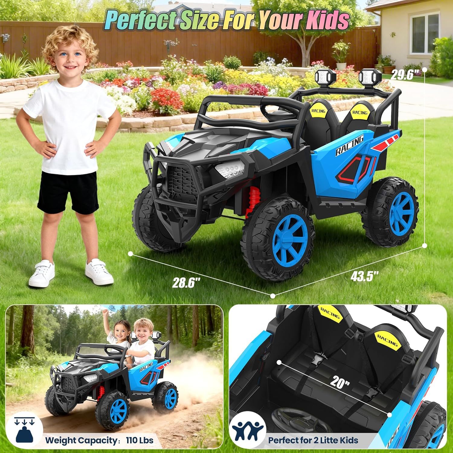 Hikole 2 Seater 24V Ride on Car, UTV for Kids, Power Wheels with Remote Control