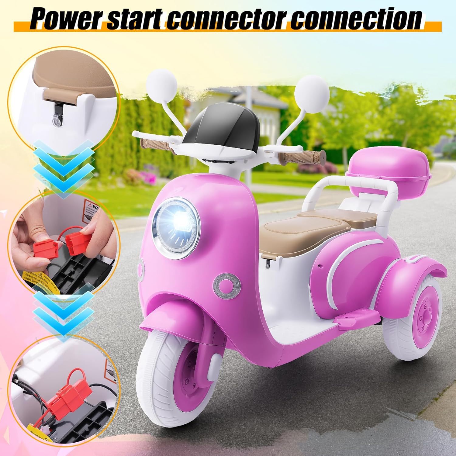 Hikole 12V Kids Electric Motorcycle, 2 Seater 3 Wheels Moped