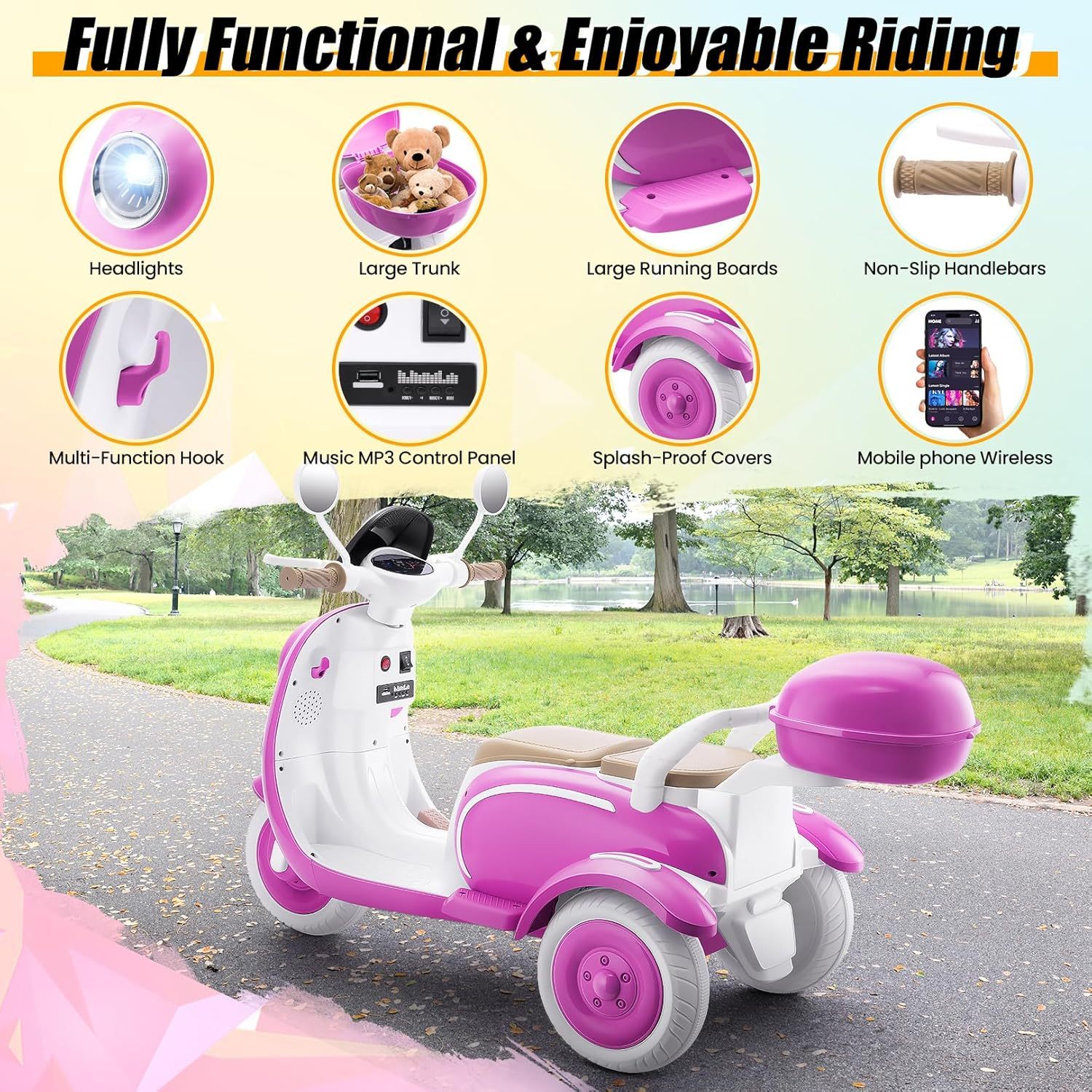 Hikole 12V Kids Electric Motorcycle, 2 Seater 3 Wheels Moped