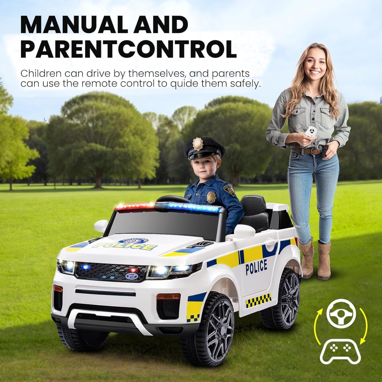 Hikole 12 Volt Electric Police Car with Remote Control, Battery Operated Kids Cop Cars