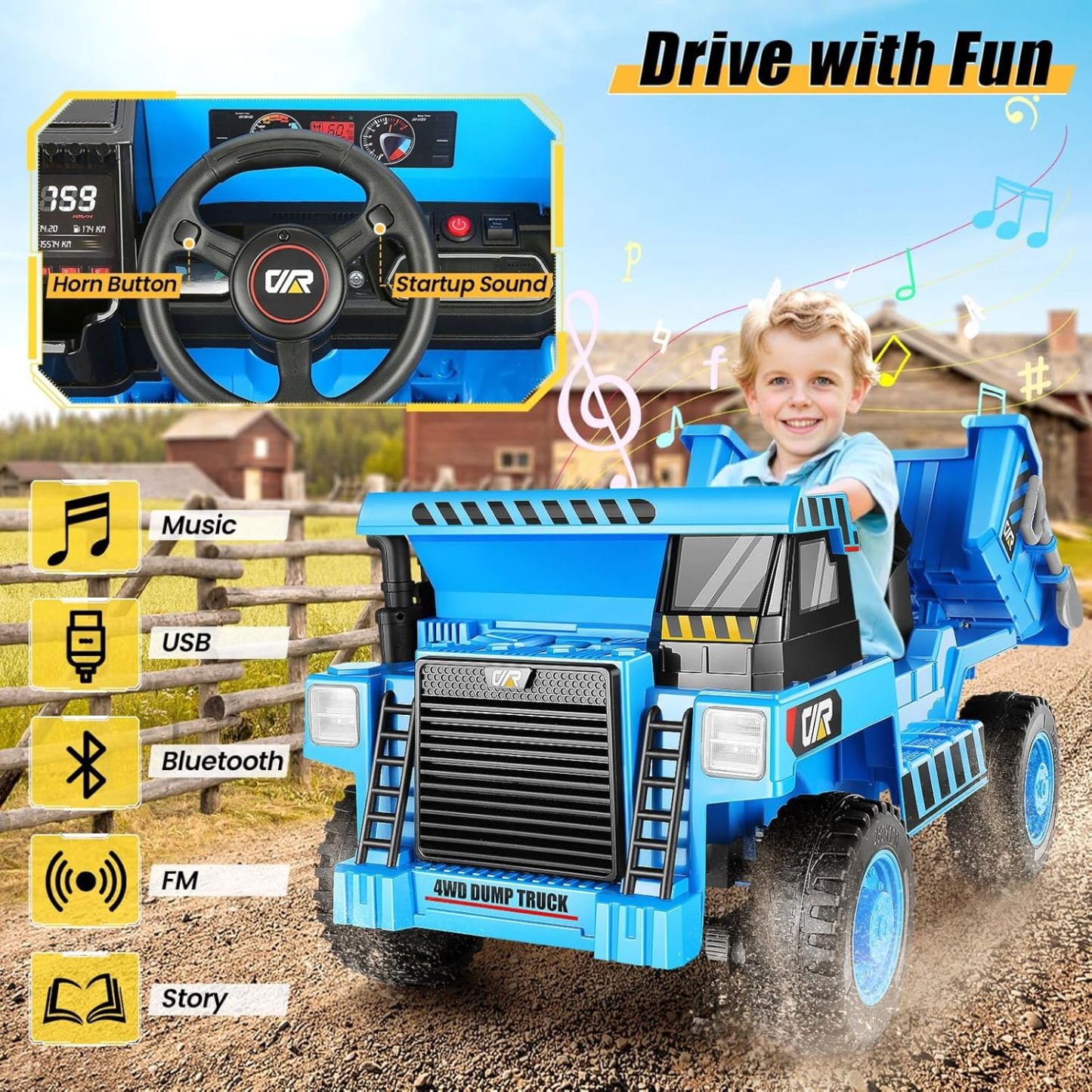 Hikole 12V 4WD Ride on Toys Car for Kids 4-8 with Remote Control