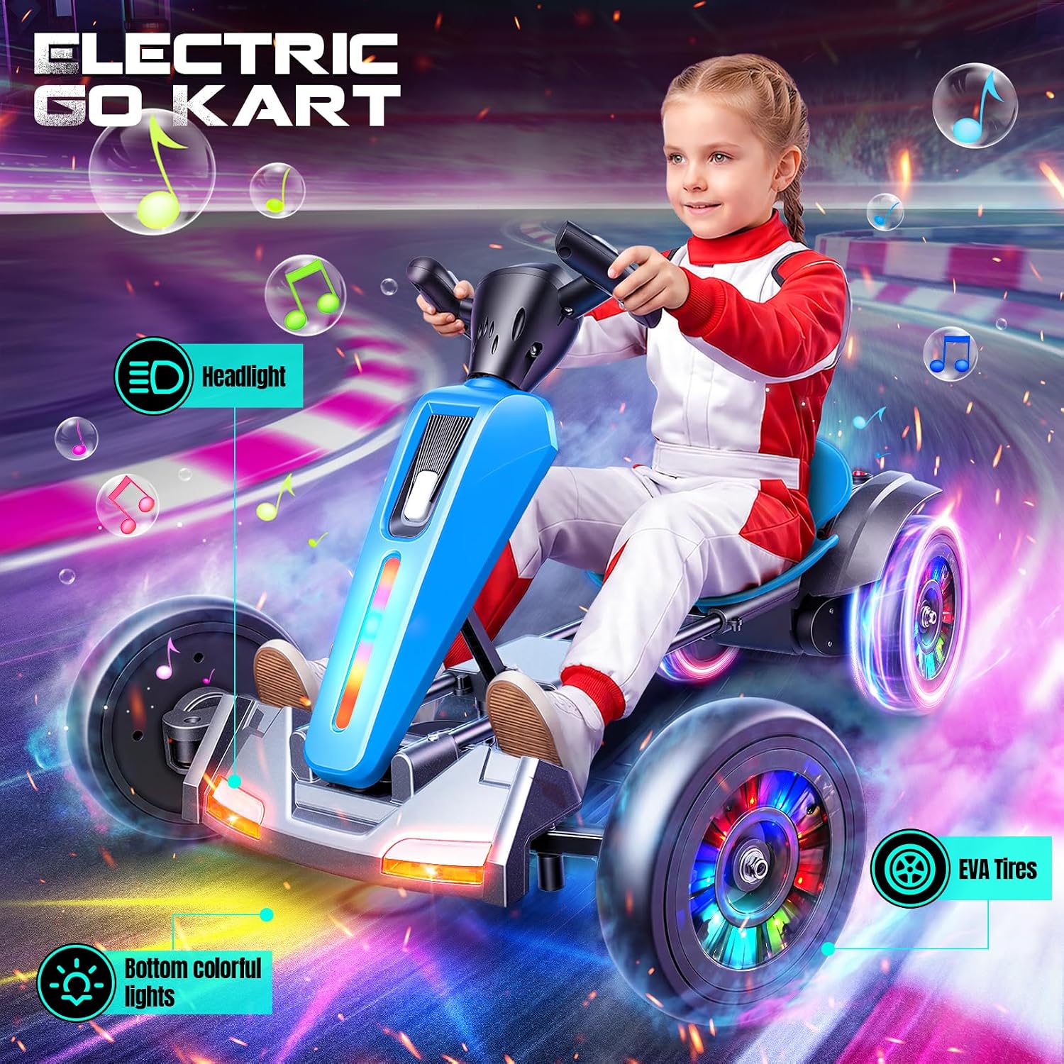 Hikole 12V Electric Go Kart for Kids 3-6, Foldable, Light-Up Wheels