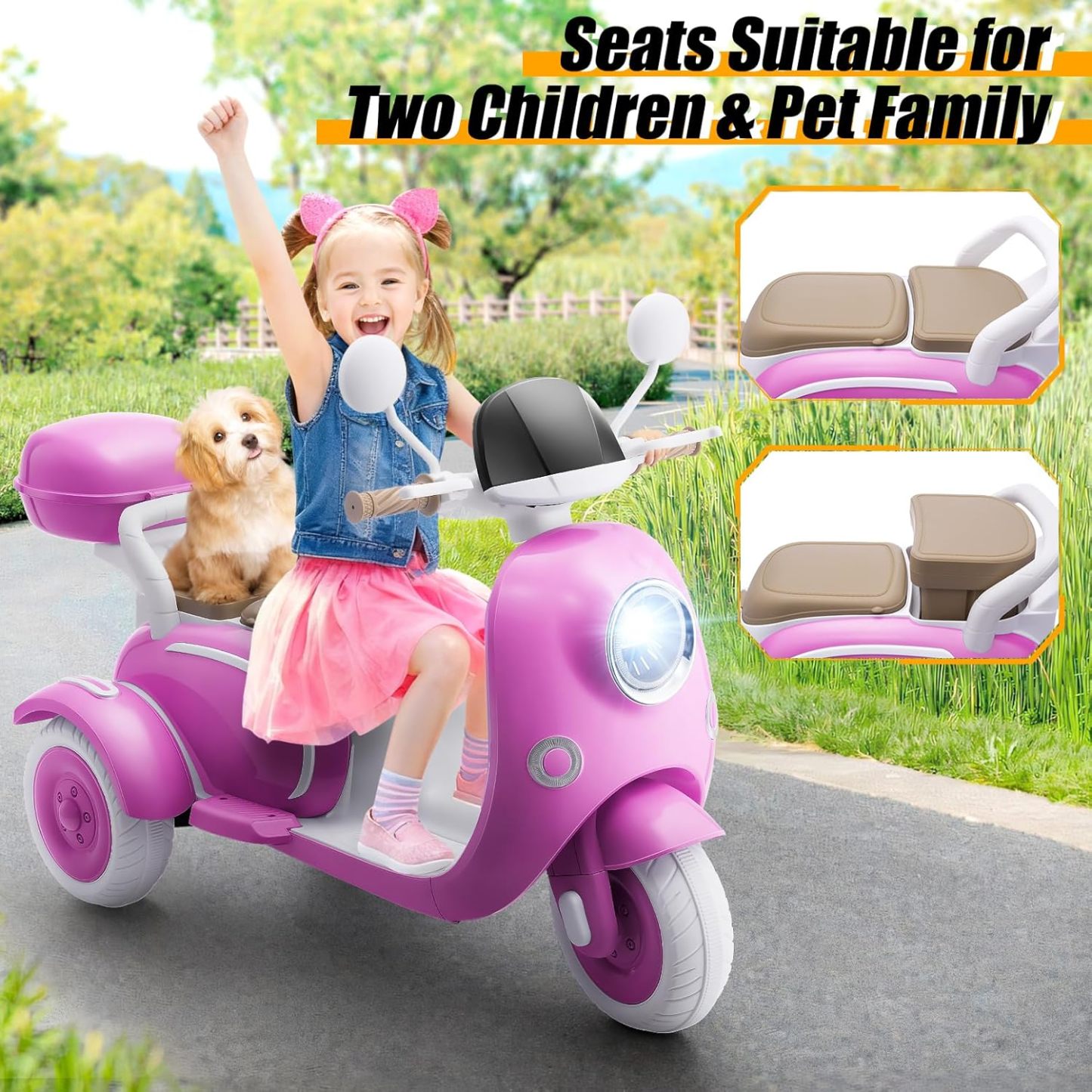 Hikole 12V Kids Electric Motorcycle, 2 Seater 3 Wheels Moped