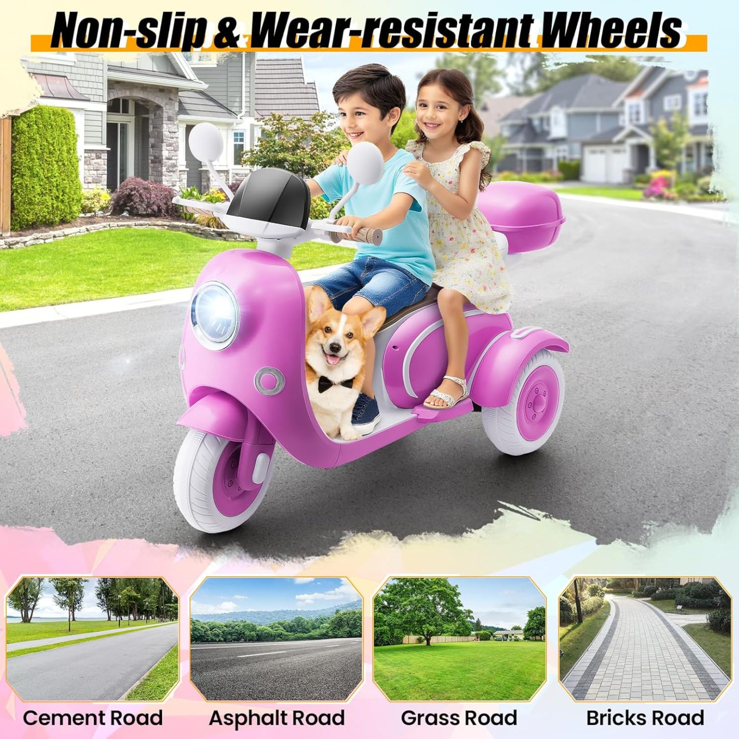 Hikole 12V Kids Electric Motorcycle, 2 Seater 3 Wheels Moped