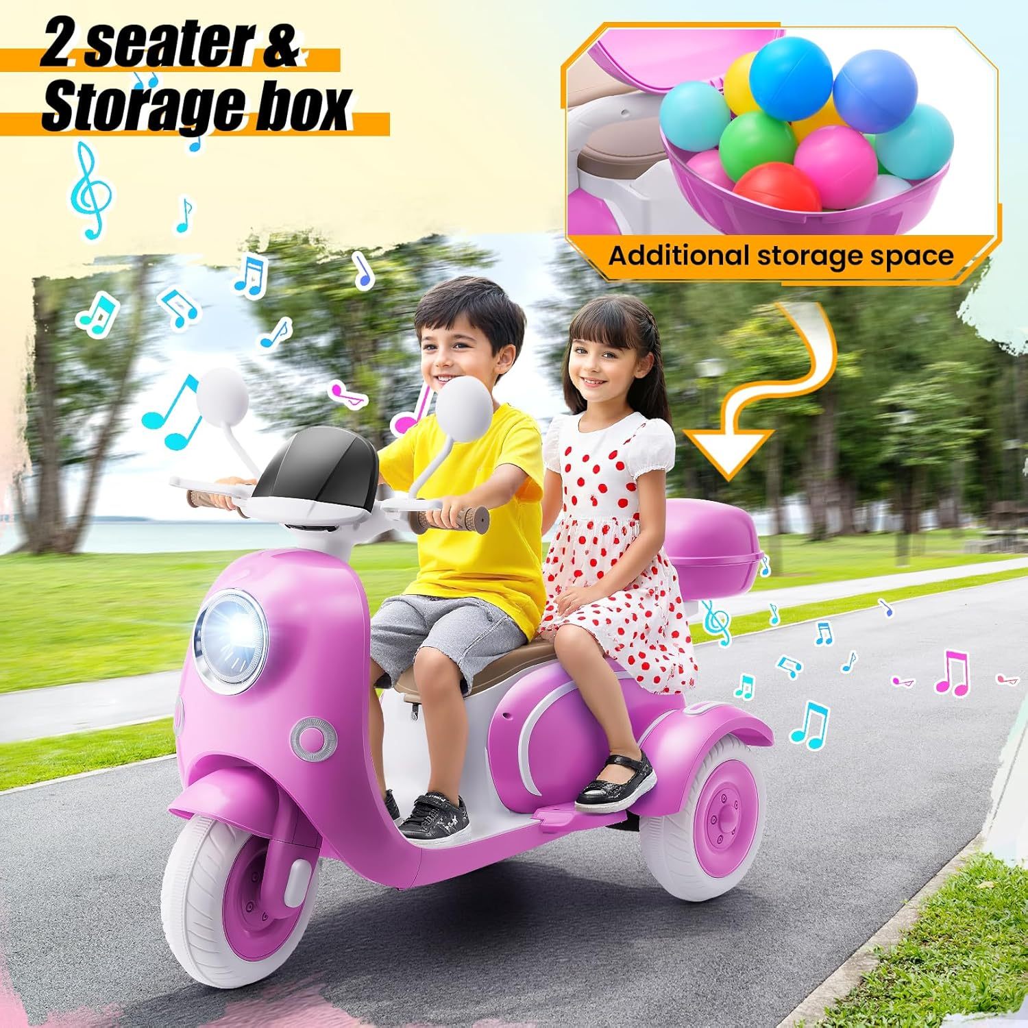 Hikole 12V Kids Electric Motorcycle, 2 Seater 3 Wheels Moped