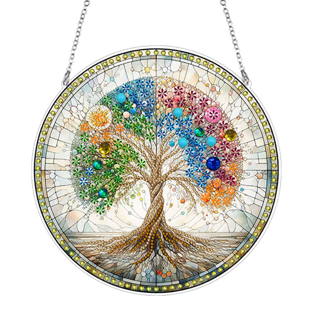 (Upgrade Size)DIY Diamond Painting Art Pendant Colorful Stained Glass Hanging Ornament Kit(Tree)