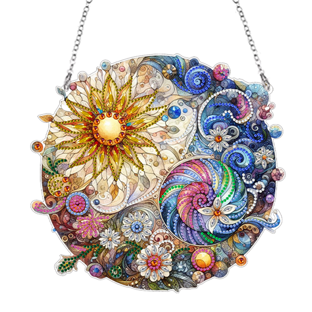 (Upgrade Size)DIY Diamond Painting Art Pendant Colorful Stained Glass Hanging Ornament Kit(Sunflower)