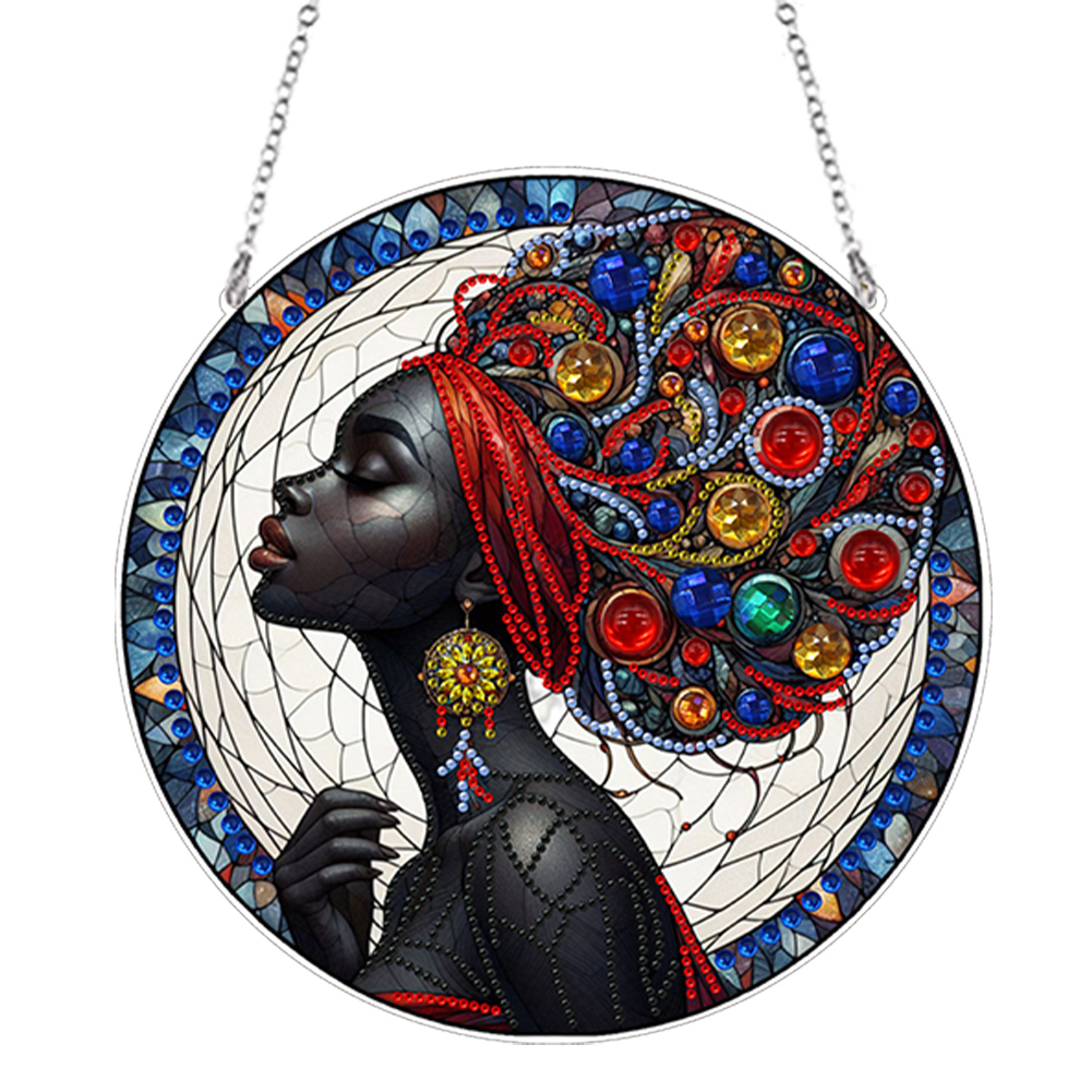 (Upgrade Size)DIY Diamond Painting Art Pendant Colorful Stained Glass Hanging Ornament Kit(Black Woman)