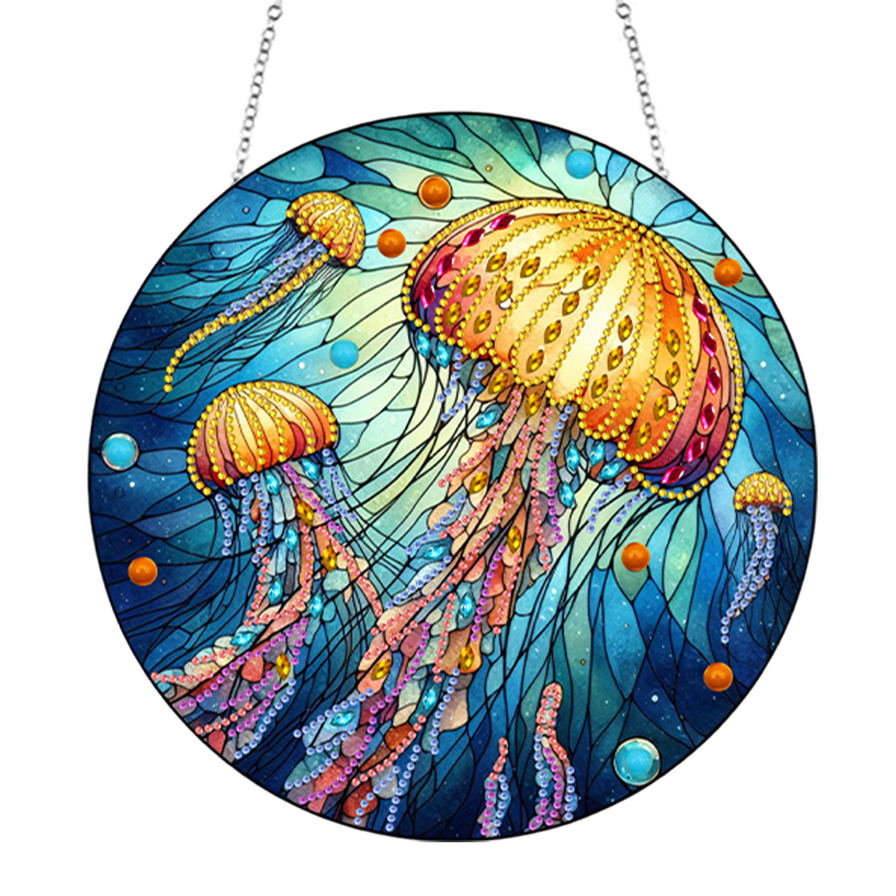 (Upgrade Size)DIY Diamond Painting Stained Glass Panel Decorative Home Garden Decoration Hanging Kit(Jellyfish)