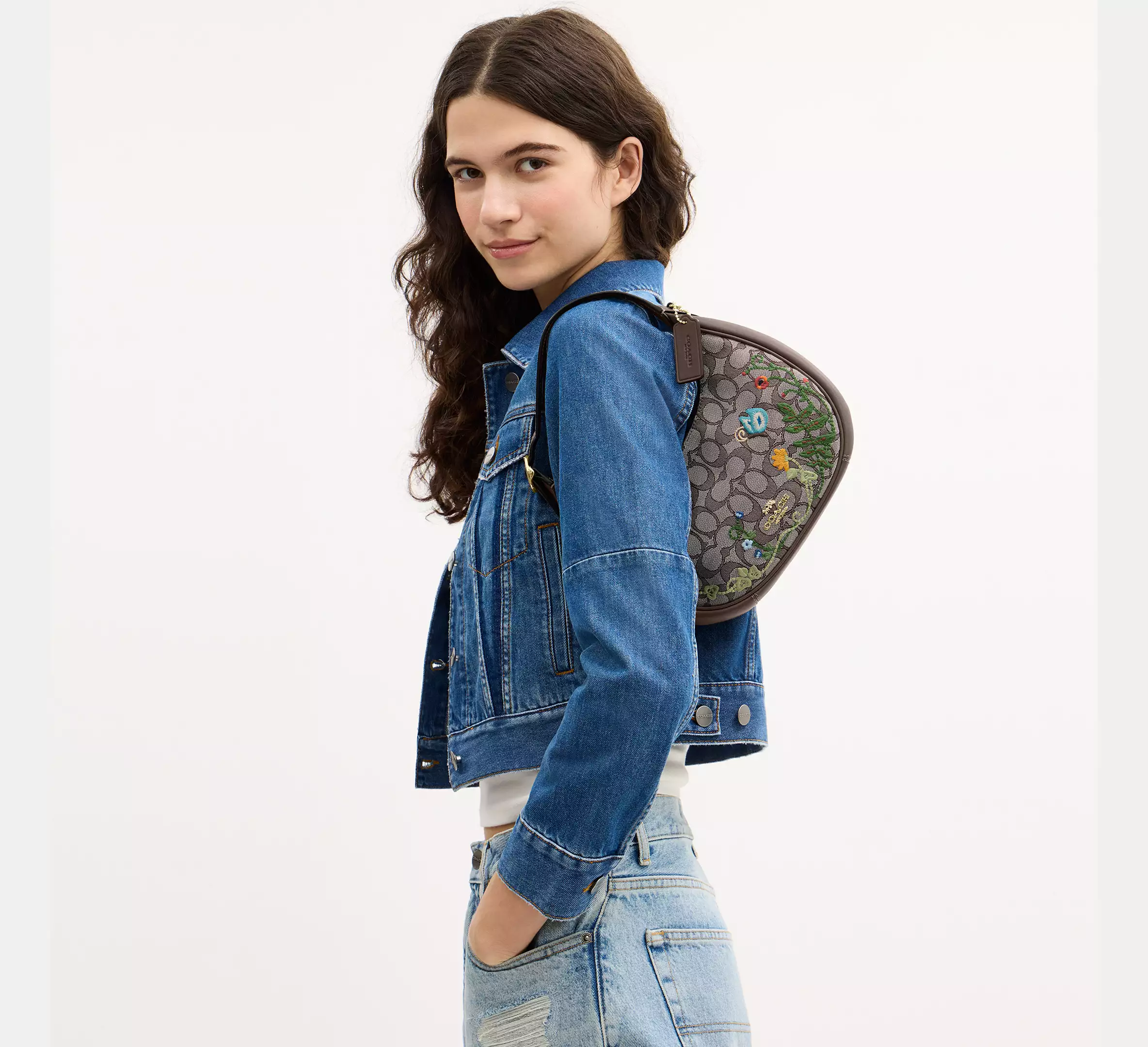 Emily Shoulder Bag In Signature Jacquard With Floral Embroidery