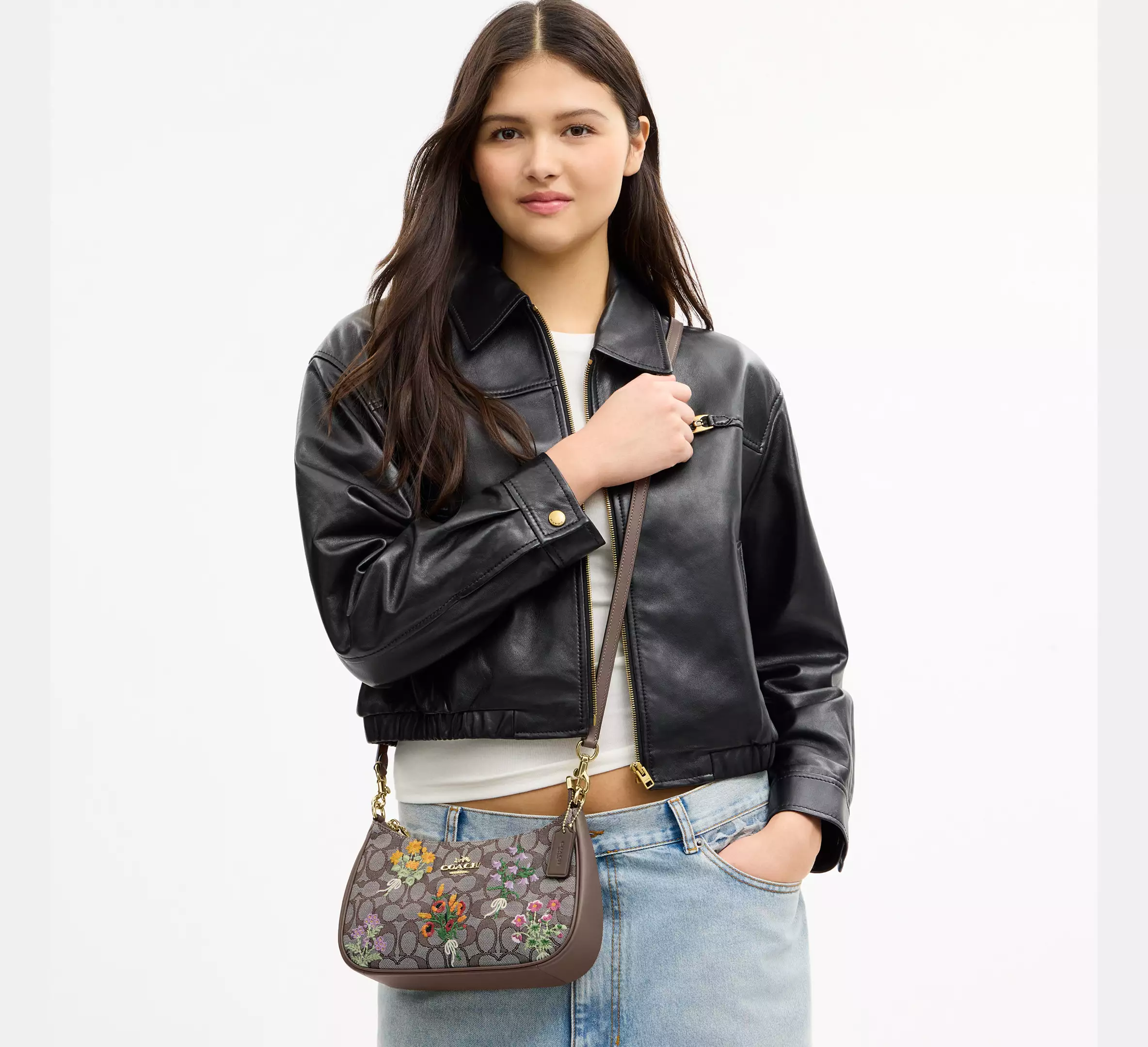 Teri Shoulder Bag In Signature Jacquard With Floral Embroidery