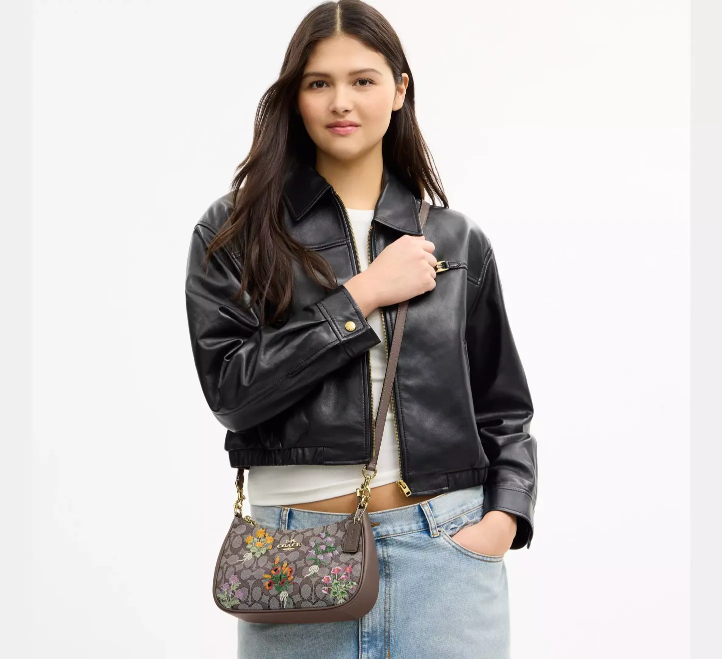 Teri Shoulder Bag In Signature Jacquard With Floral Embroidery