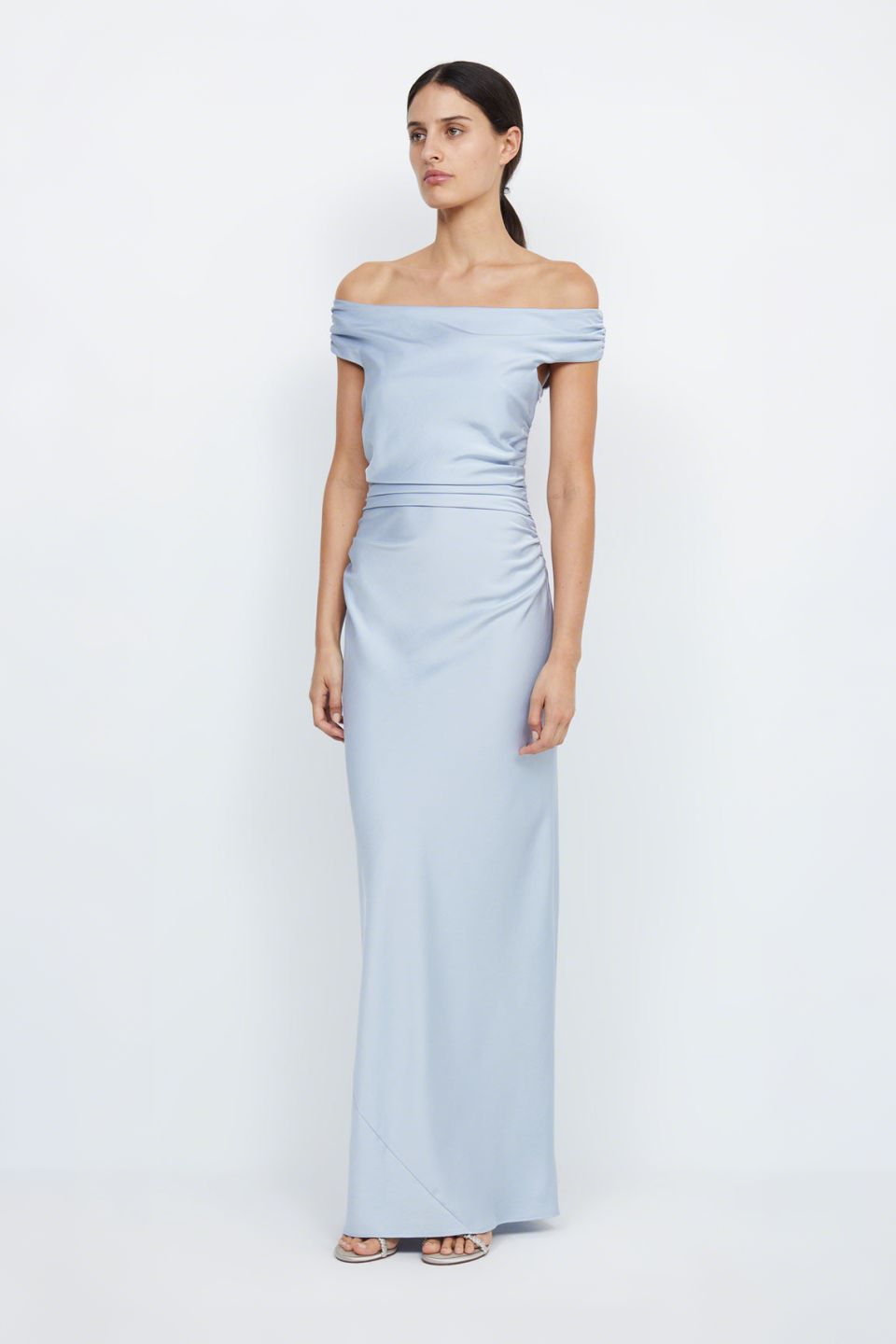 Satin Solid Off Shoulder Maxi Dress