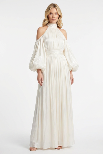 Satin Off-Shoulder Gathering Maxi Dress With Belt