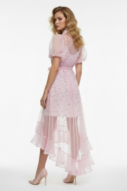 Seersucker Rhinestone Puff Sleeve Maxi Dress With Belt