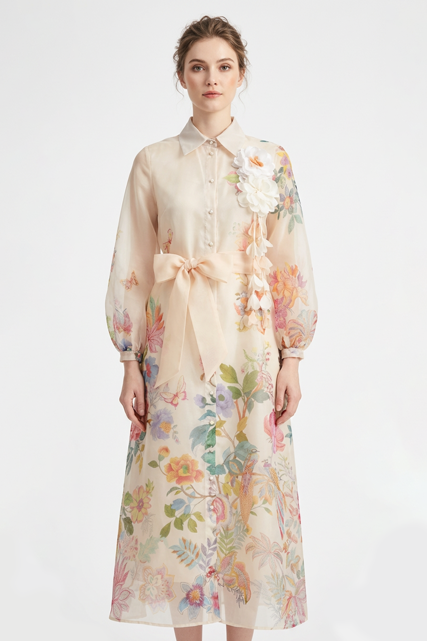 Floral Puff Sleeve Maxi Dress With Belt