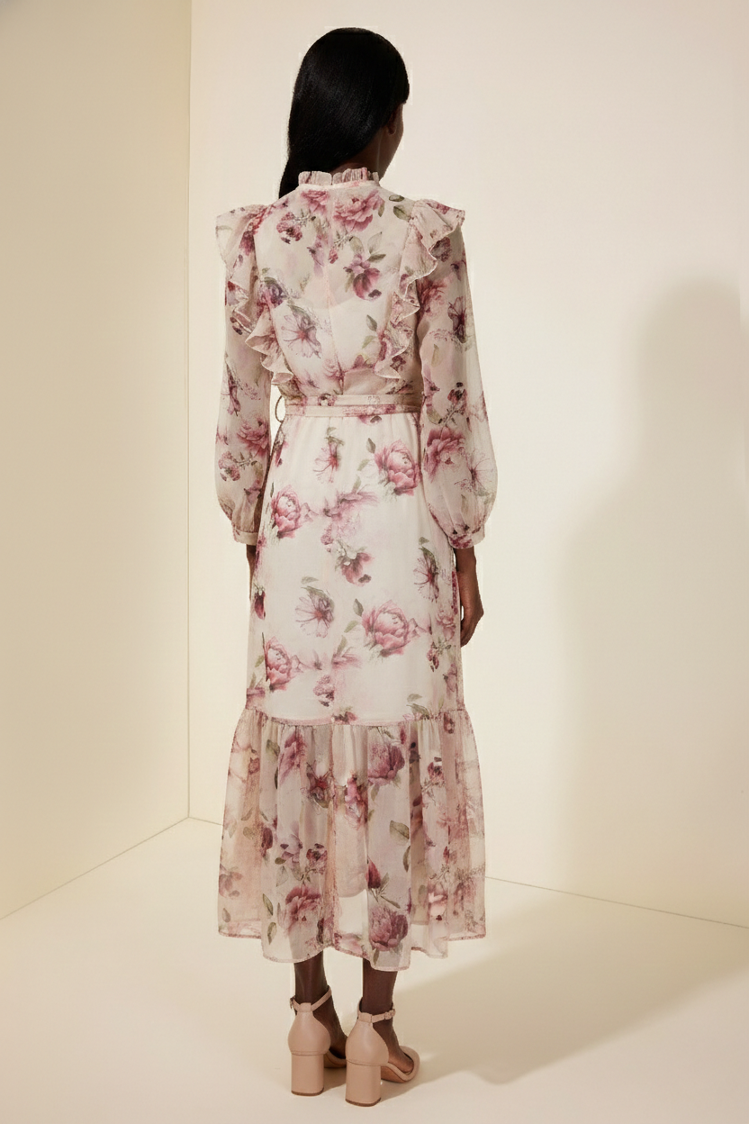 Floral Ruffle Maxi Dress With Belt