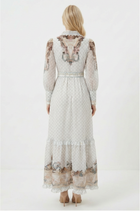 Palace Print V-Neck Rivet Maxi Dress