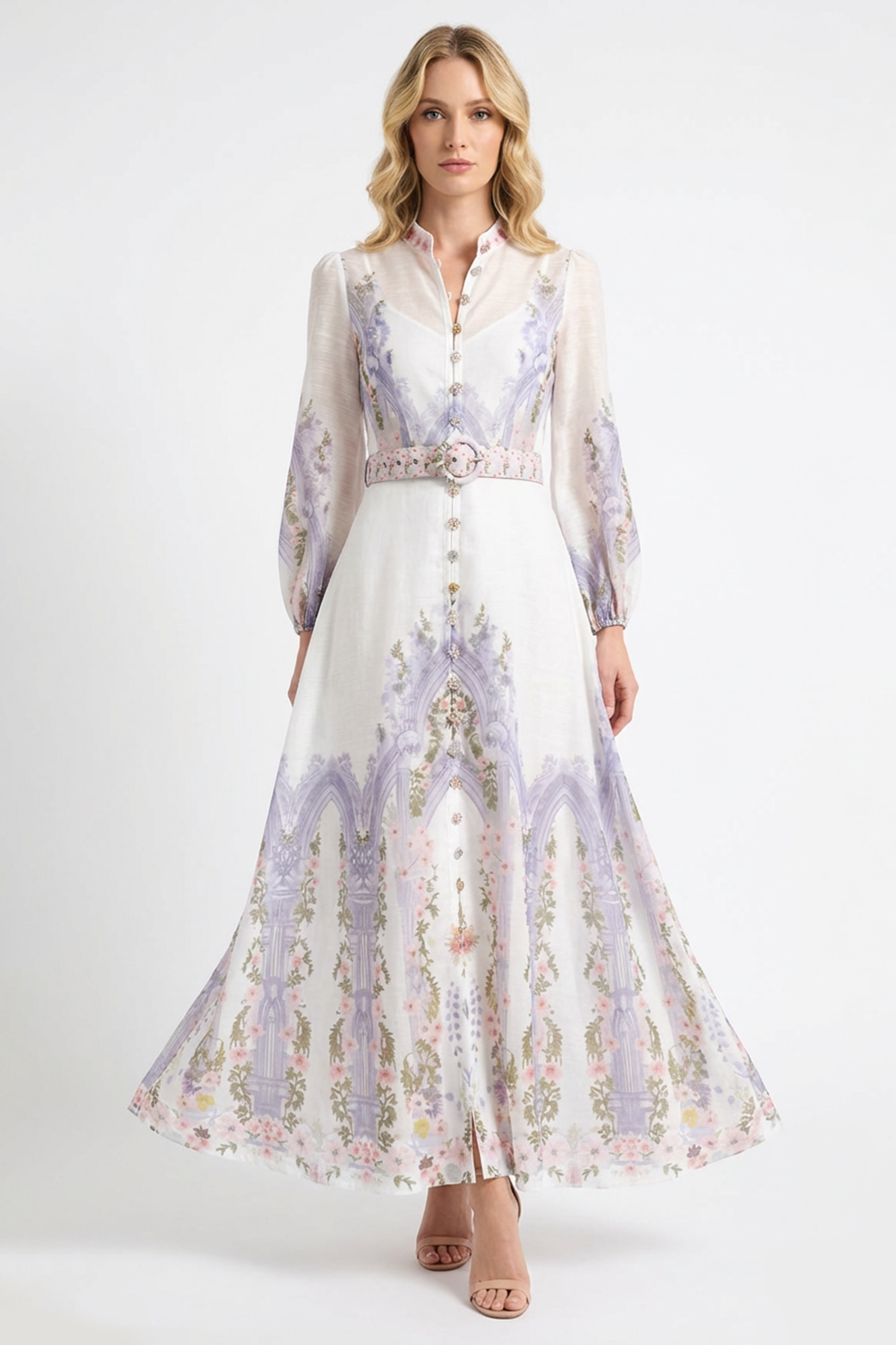 Floral Single Breasted Long Sleeve Maxi Dress With Belt