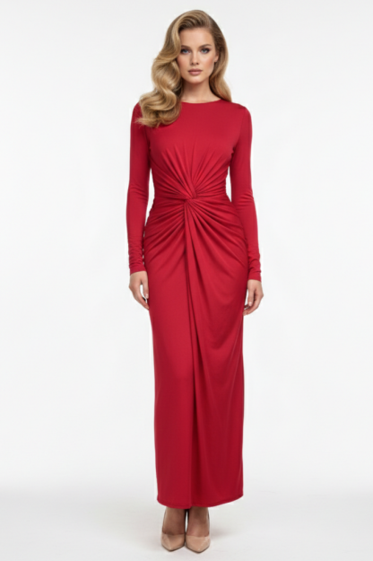 Solid Gathering Long Sleeve Maxi Dress