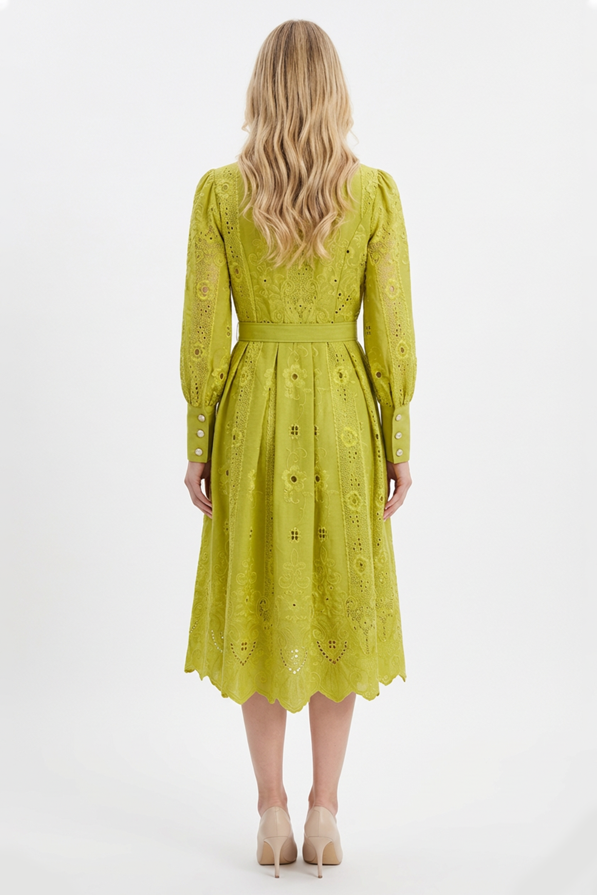 Lace Splicing Embroidered Single Breasted Midi Dress With Belt