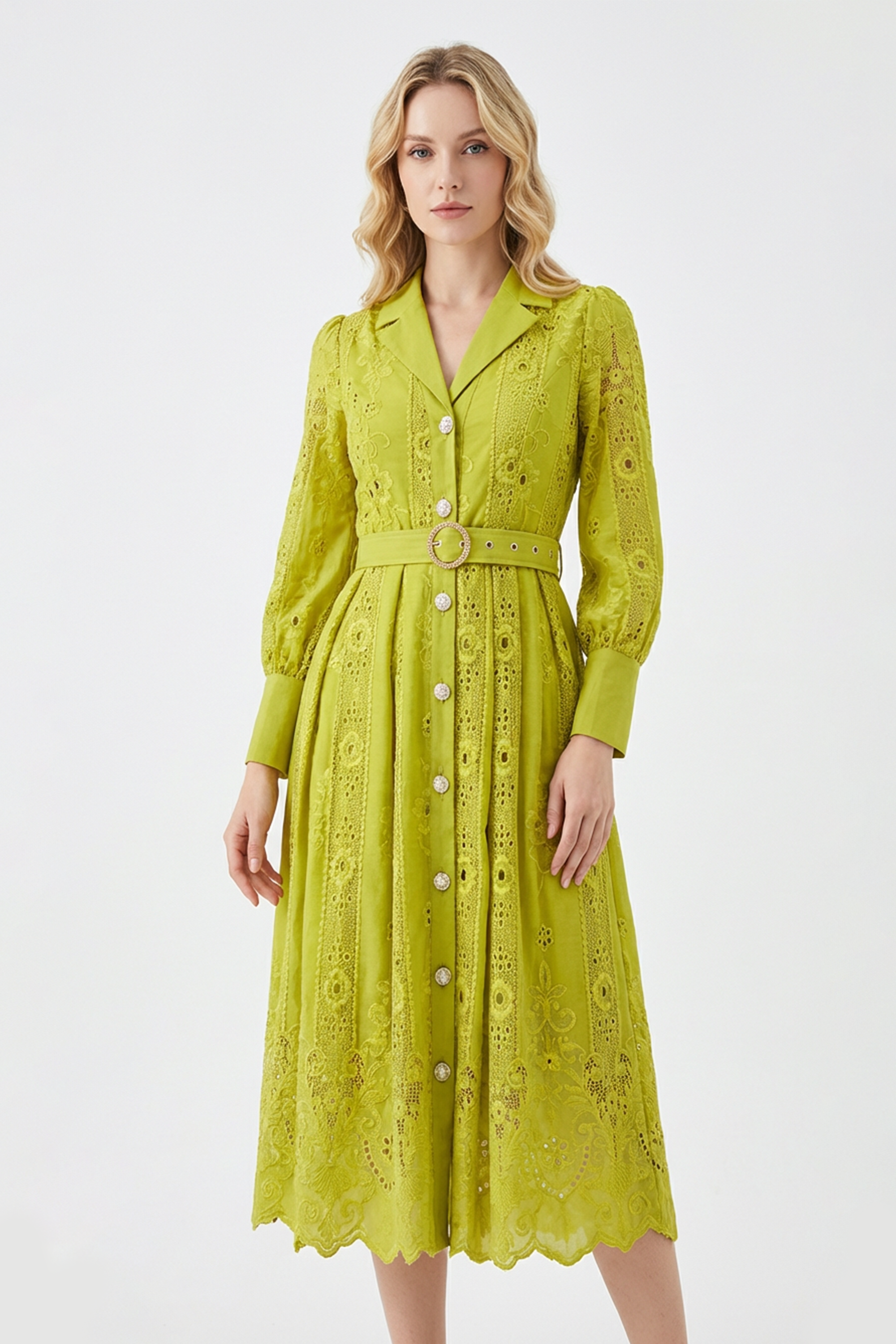 Lace Splicing Embroidered Single Breasted Midi Dress With Belt