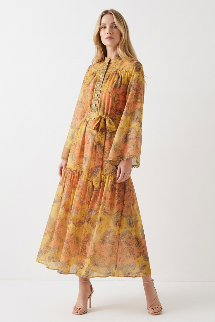 Paisley Print Stand Collar Lace Maxi Dress With Belt