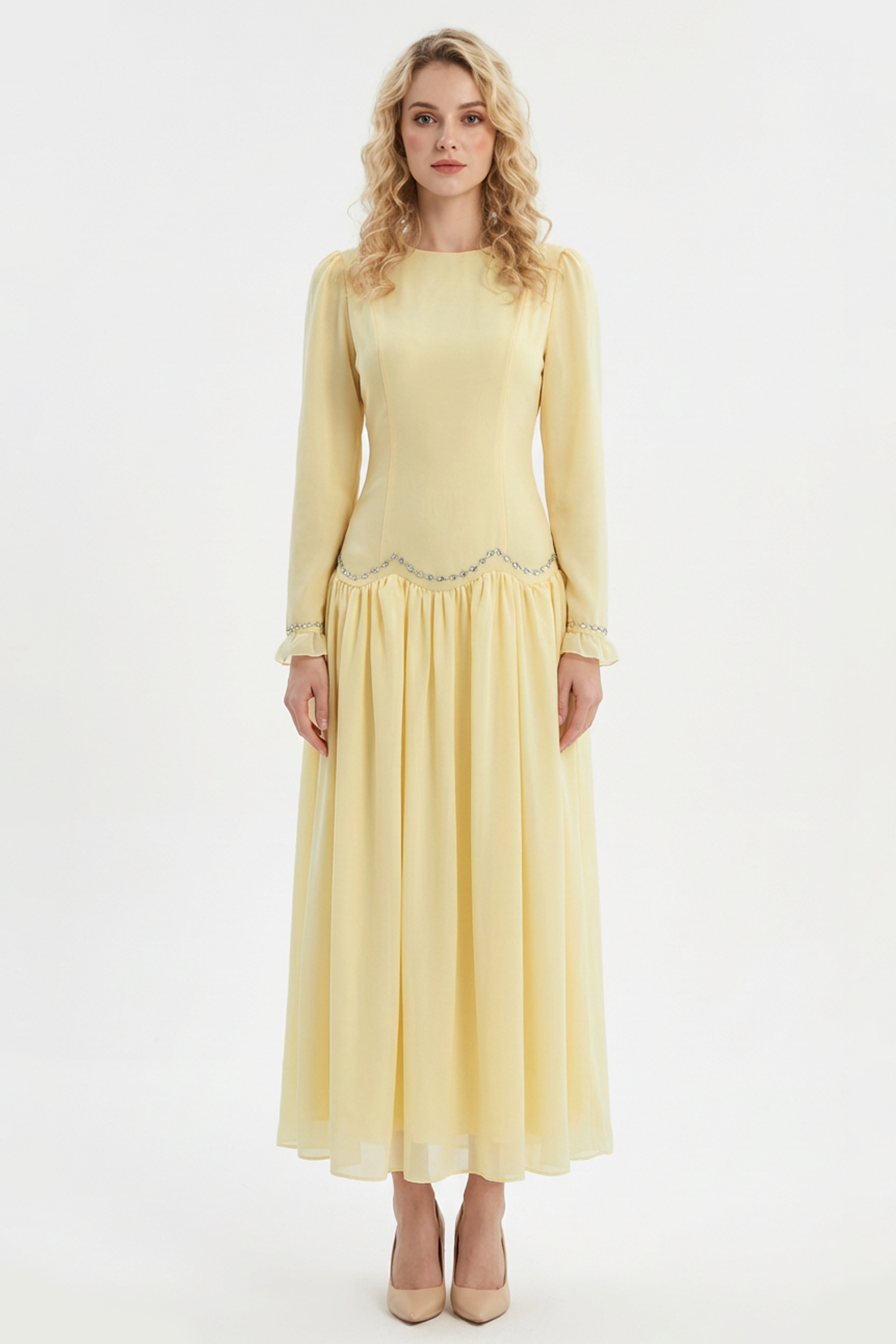 Satin Splicing Chiffon Rhinestone Maxi Dress