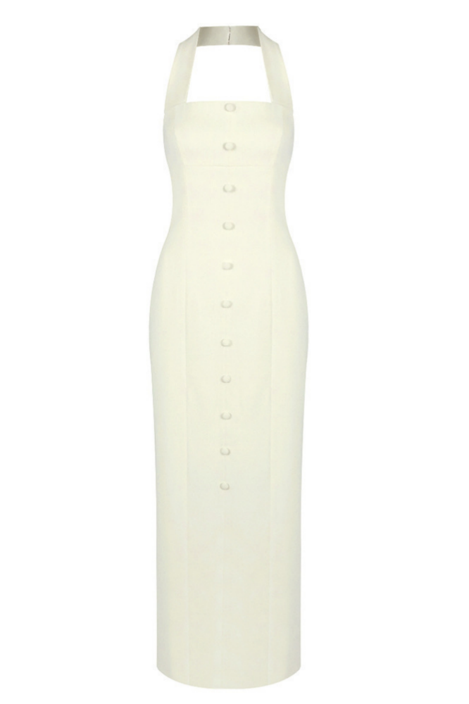 Solid Halter Neck Single Breasted Maxi Dress