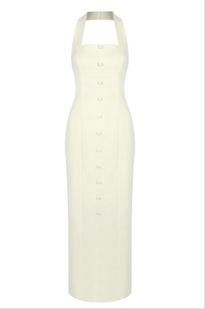 Solid Halter Neck Single Breasted Maxi Dress