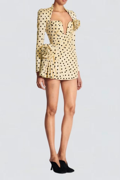 Polka Dot V-Neck 3D Flower Mini Dress